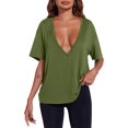 thumbnail image 3 of Womens Sexy Deep V Neck T-Shirts Summer Short Sleeve Tops Casual Loose Plus Size Fit Basic Tees Summer Womens Tops Army Green L, 3 of 6