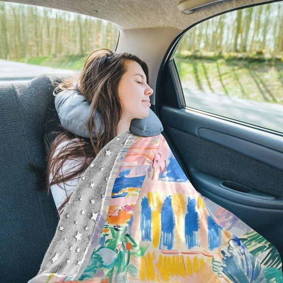 Children Painting Travel Blanket Pillow Compact Foldable Airplane Throw Blanket with Trolley Sleeve for Travel Camping