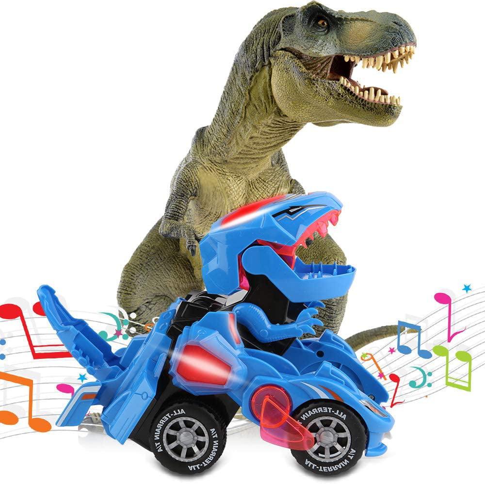 Blue Transform Cars Toy with Music and LED Light Automatic Transforming Dinosaur Car Dino Transform Cars for Kids Boys Girls Birthday Gifts Rusee Transforming Dinosaur Toys 
