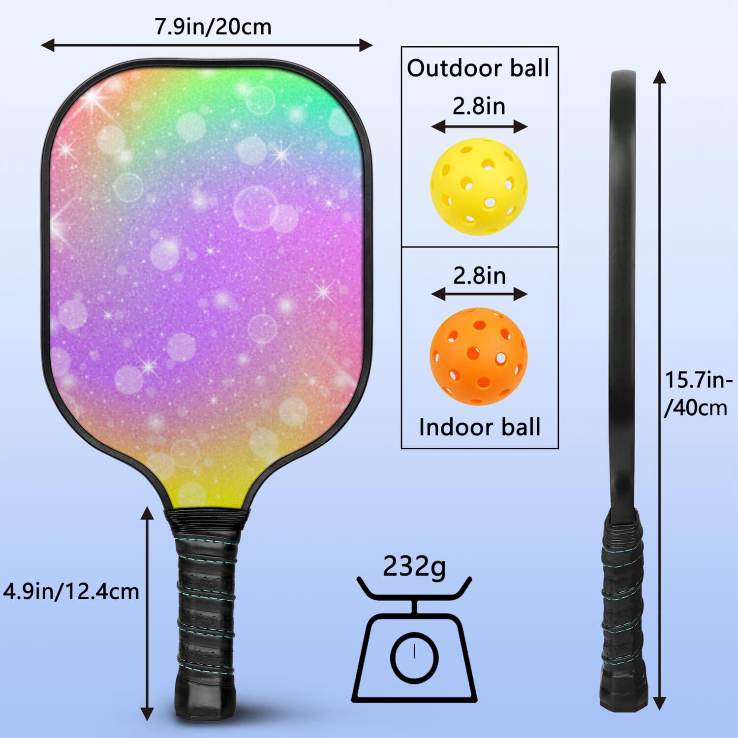 Pickleball Paddles Set Of 2, Fiberglass Surface, Vibrant Rainbow Print, 4 Balls & Bag