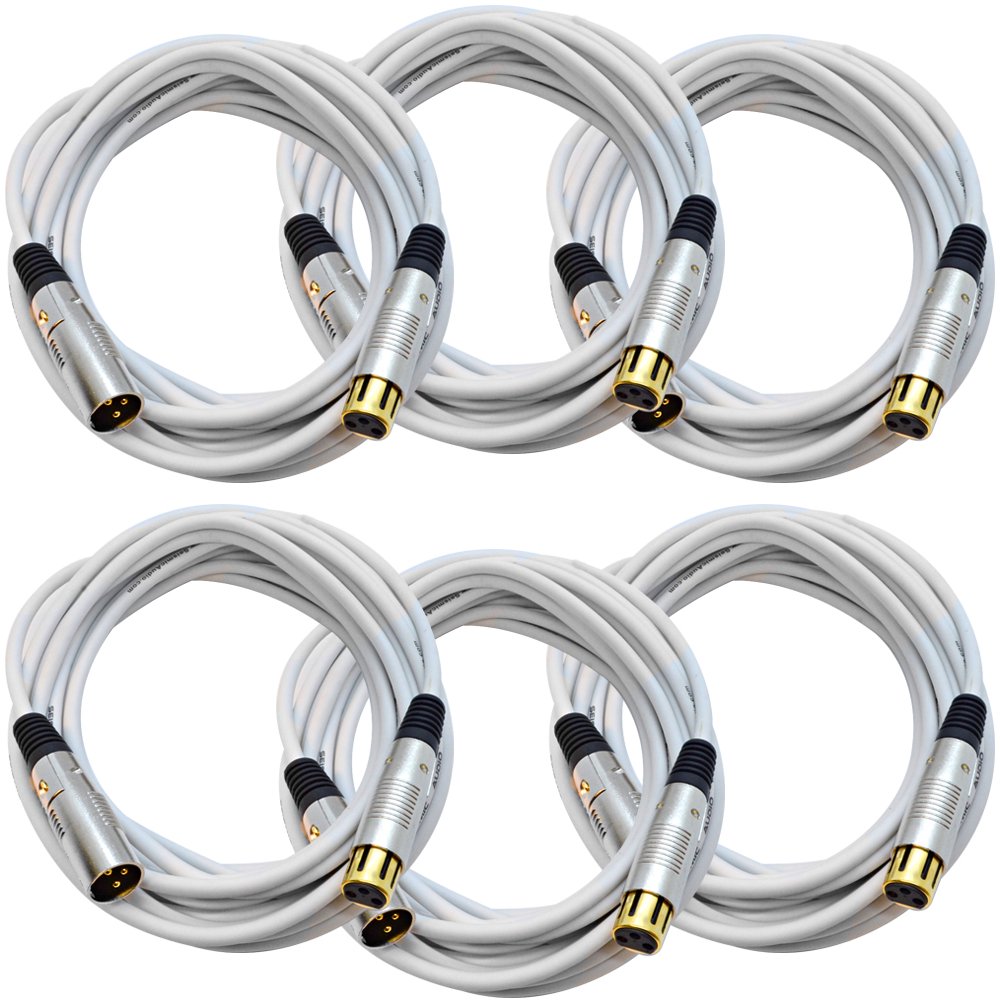 Seismic Audio 6 Pack of 25 Foot Gold Plated White XLR Mic Microphone