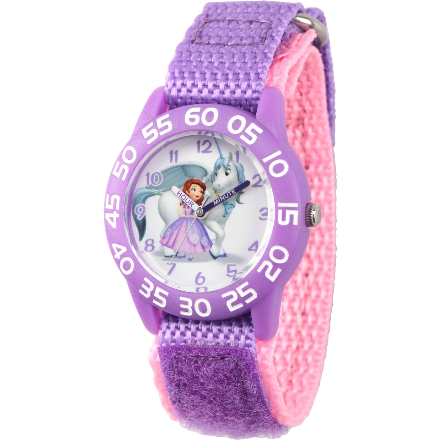 Princess Sofia Girls' Purple Plastic Time Teacher Watch, Purple Hook and Loop Nylon Strap with Pink Backing