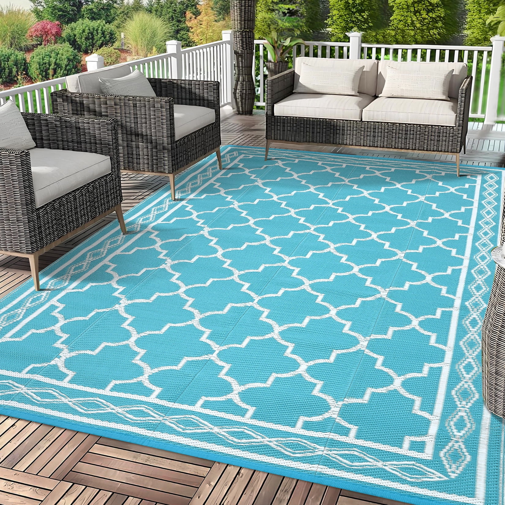 HOMERRY Geometric Moroccan Outdoor Rug Straw Plastic Area Rug for Balcony Pool RV Waterproof Reversible Carpet, Light Blue, 9'x 18'