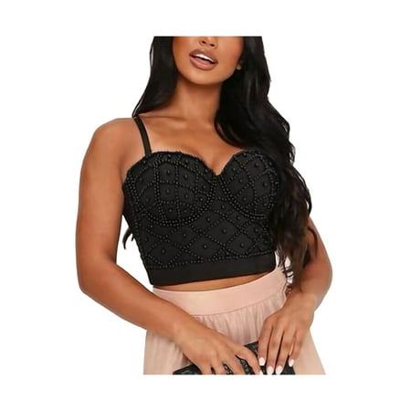 

aturustex Women Sexy Pearls Bustier Summer Solid Color Sleeveless Backless Sling Crop Top Detachable Silicone Vest