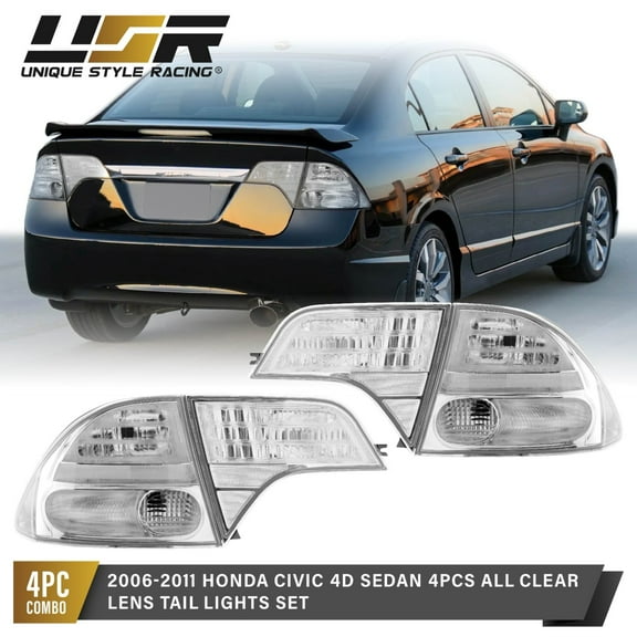 Clear Lens Tail Lights 4-Pieces (L R) For 06-11 Honda Civic Sedan 4 Door FA5