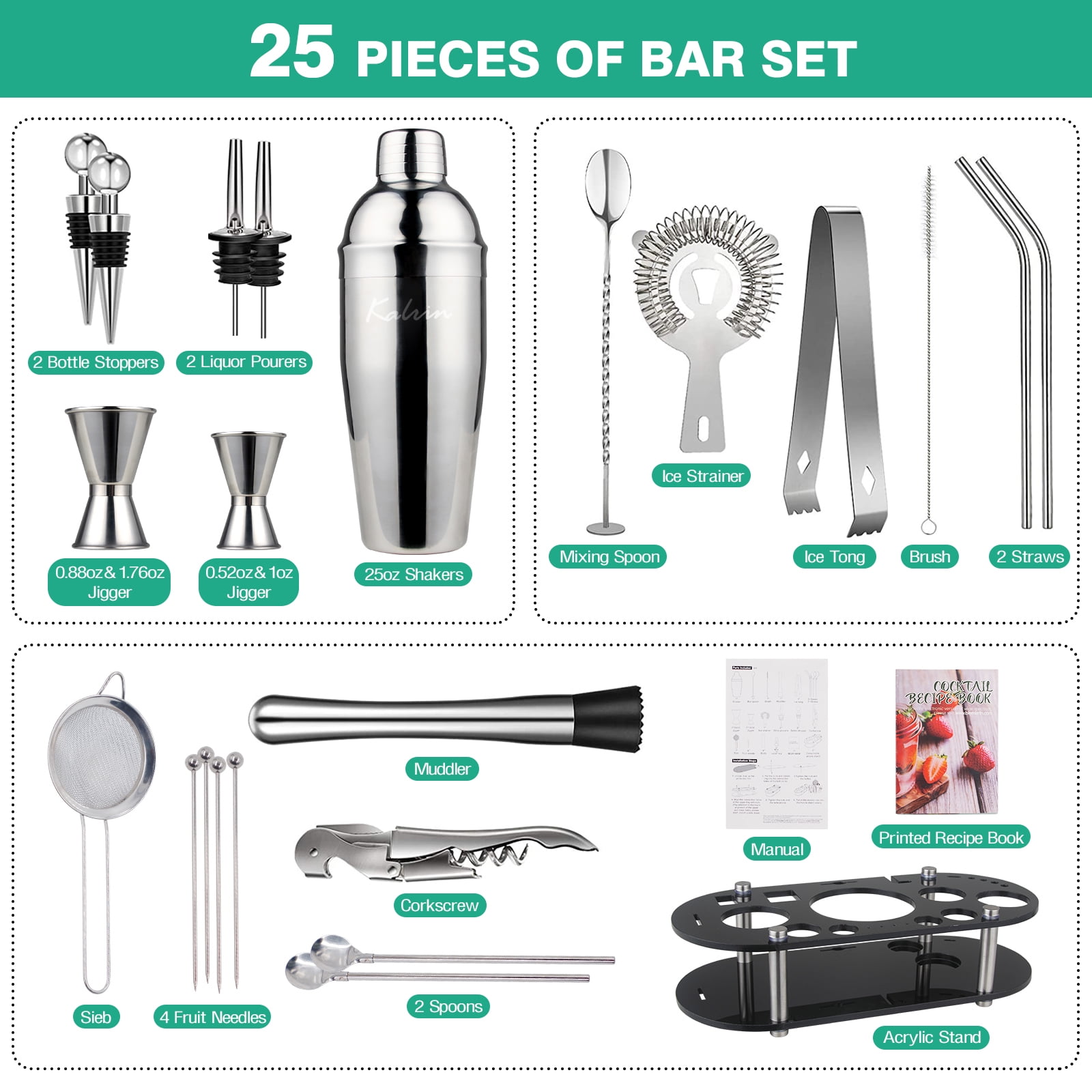 Bartender Kit, 25-Piece Cocktail Shaker Set Stainless Steel Bar Tools with Acrylic Stand, Full Bartender Accessories
