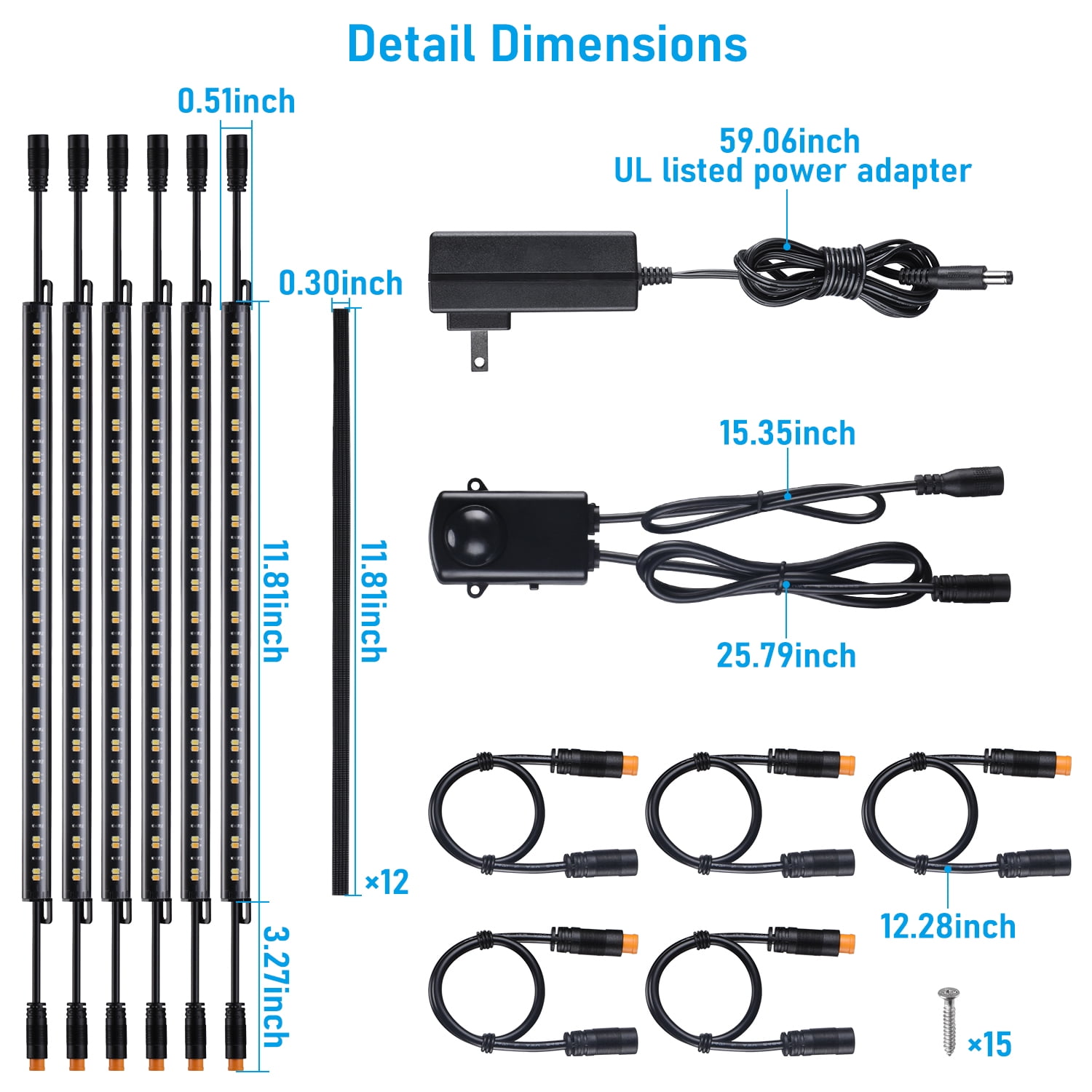 LED Safe Lighting Kit, (6) 12 Inch Linkable Light Bars + Motion Sensor, for Under Cabinet, Gun Safe, Locker, Closet, Under Counter, Shelf, Showcase, 3000K/4000K/5000K Selectable