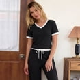 thumbnail image 4 of Women's 2 Piece Lounge Sets V Neck Short Sleeve Tops Wide Leg Pants with Pockets Drawstring Matching Pajama Sets Casual Comfy Loungewear Ribbed Travel Outfits for Spring Summer, 4 of 9