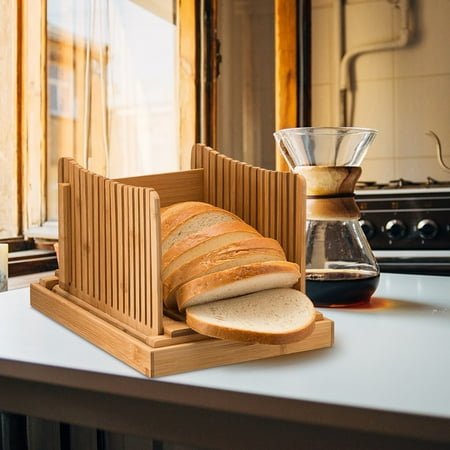 

Hinzonek Bread Slicer Cutting Guide Bamboo Foldable Compact Chopping Cutting Board with Crumb Catching Tray for Homemade Bread Sandwich Maker