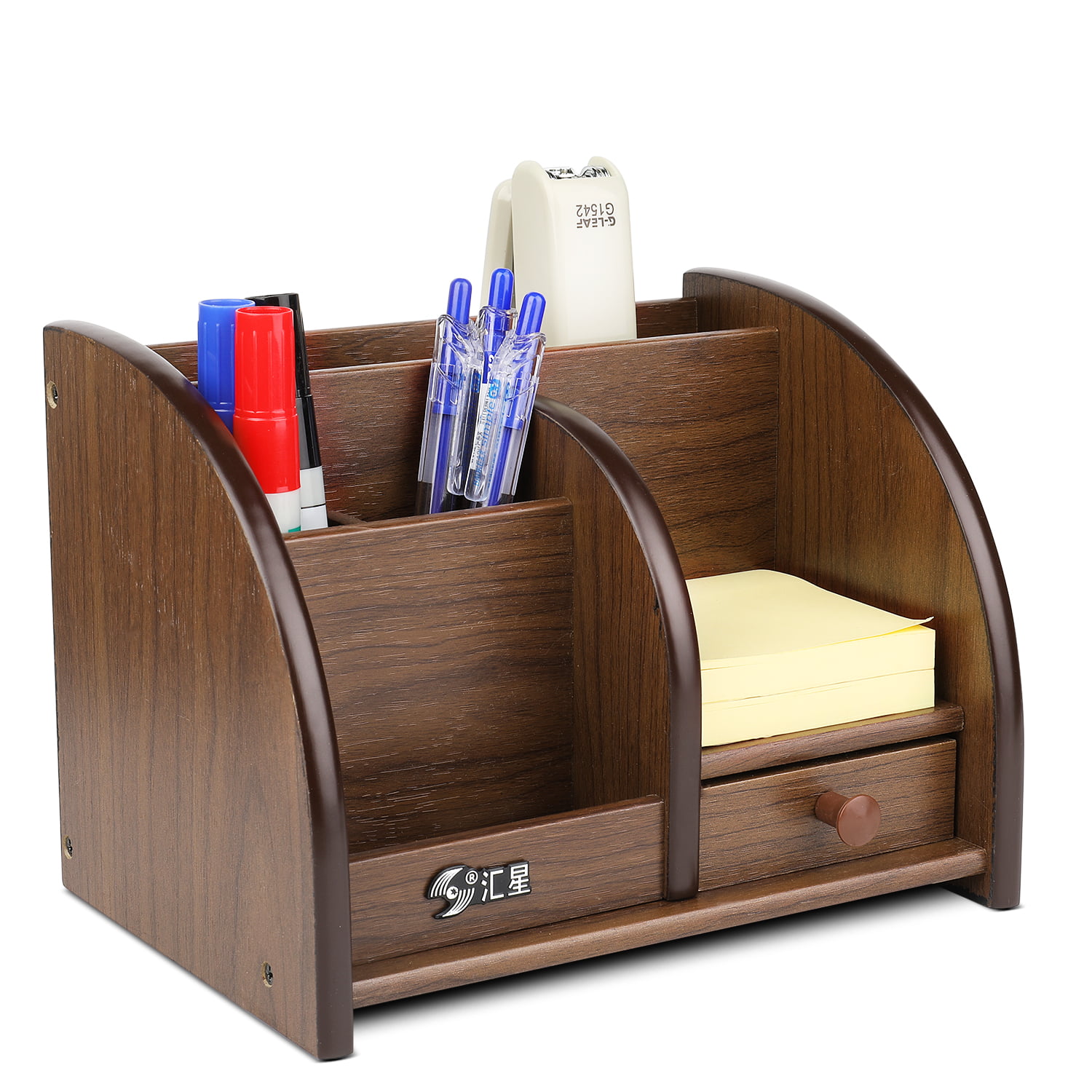 Flexzion Wooden Desk Organizer w/Drawers - Classic Wood Office Supplies Accessories Desktop Tabletop Sorter Shelf Rack Cherry Brown Pencil Holder