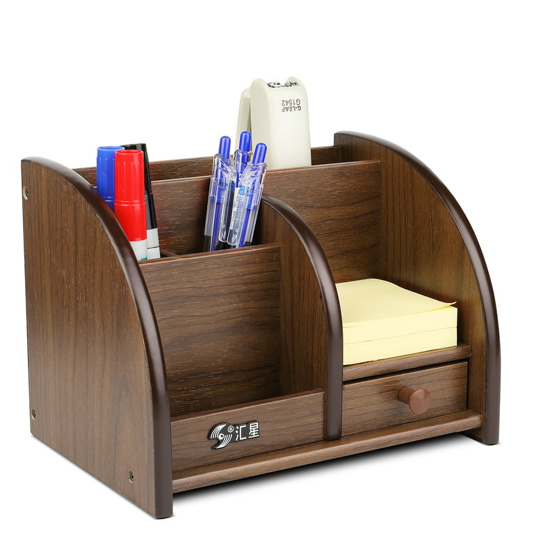 Barnyard Designs Rustic Vintage Wooden Desk Organizer Remotes Caddy  Tabletop Desktop Office Supplies Desk Accessories Holder, 6.75 x 6.5”