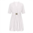 thumbnail image 3 of Women's Mini Dress 2025 Trendy Deep V Neck Puff Sleeve Button Down Dresses Casual High Waist Party Dress with Belt, 3 of 5