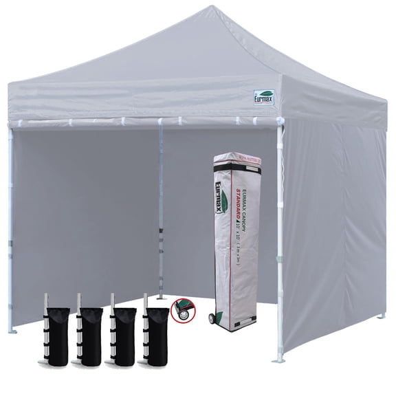 Eurmax 10'x10' Ez Pop-up Canopy Tent Commercial Instant Canopies with 4 Removable Zipper End Side Walls and Roller Bag, Bonus 4 SandBags(Gray)