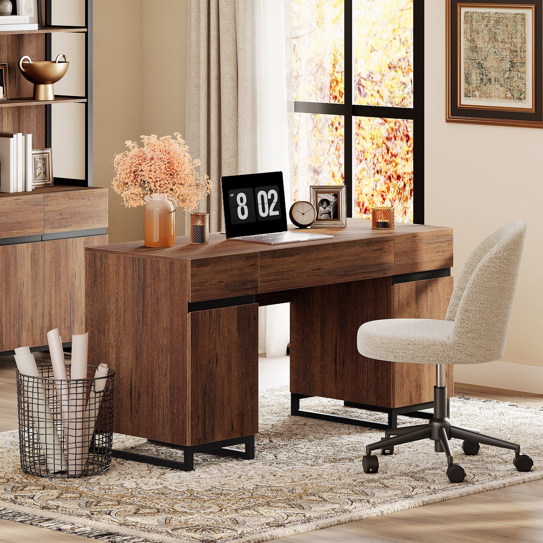 WAMPAT Office Furniture Set: 59" Executive Desk with Charging Station and Storage Cabinet, Four 72" Tall Bookcases, Modern Computer Desk and Library Shelf for Work Study, Brown