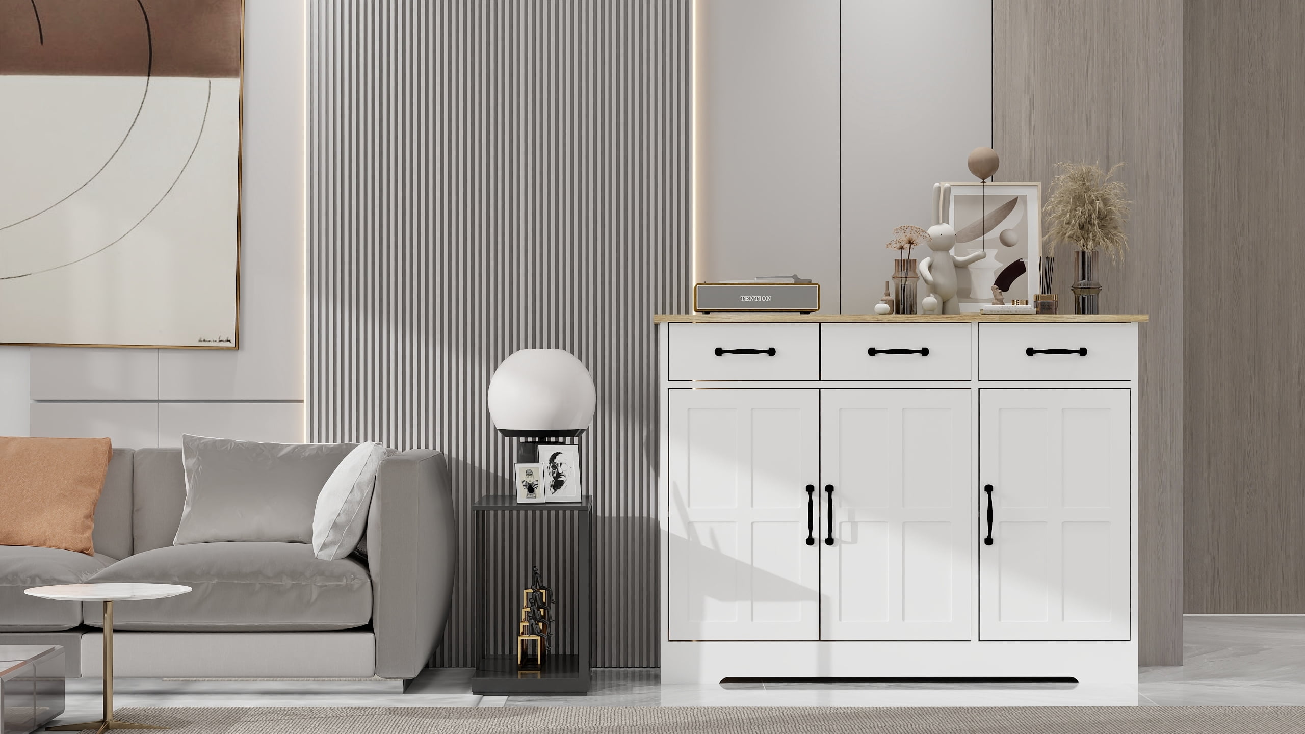 PORKISS Farmhouse Storage Cabinet with 3 Drawers and 3 Doors, Buffet Cabinet Sideboard for Dining Living Room Kitchen, 43" White