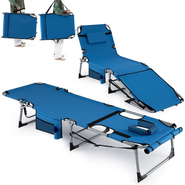 Gymax 2PCS Tanning Chair w/Face Arm Holes 4-Level Backrest & Head Pillow Side Pocket Blue