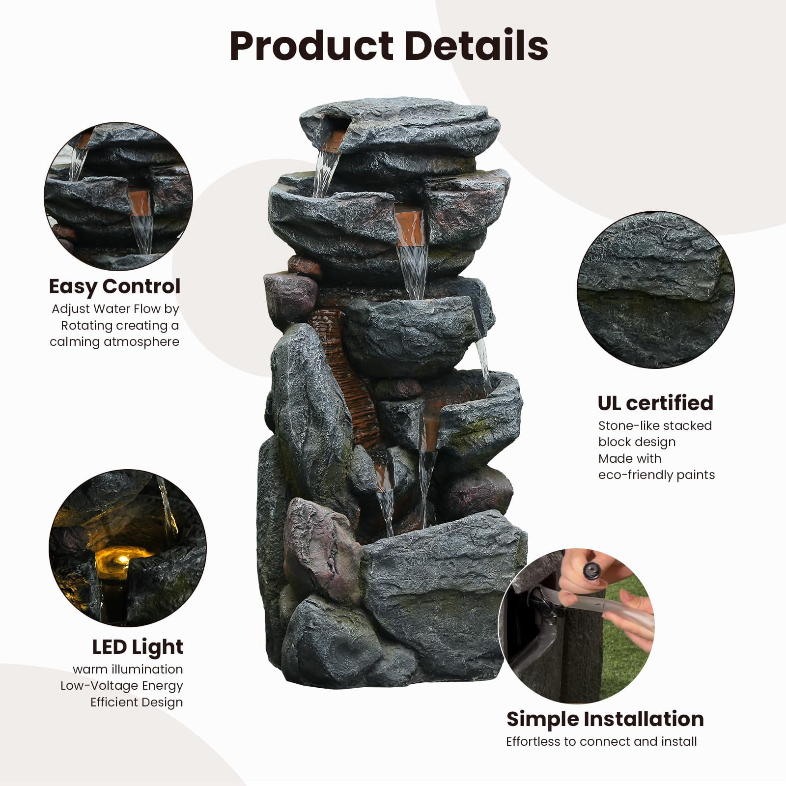 Rock Water Fountain Outdoor 6-Tiers Waterfall Fountain with LED Lights for Garden, Living Room, Patio, Home Decor