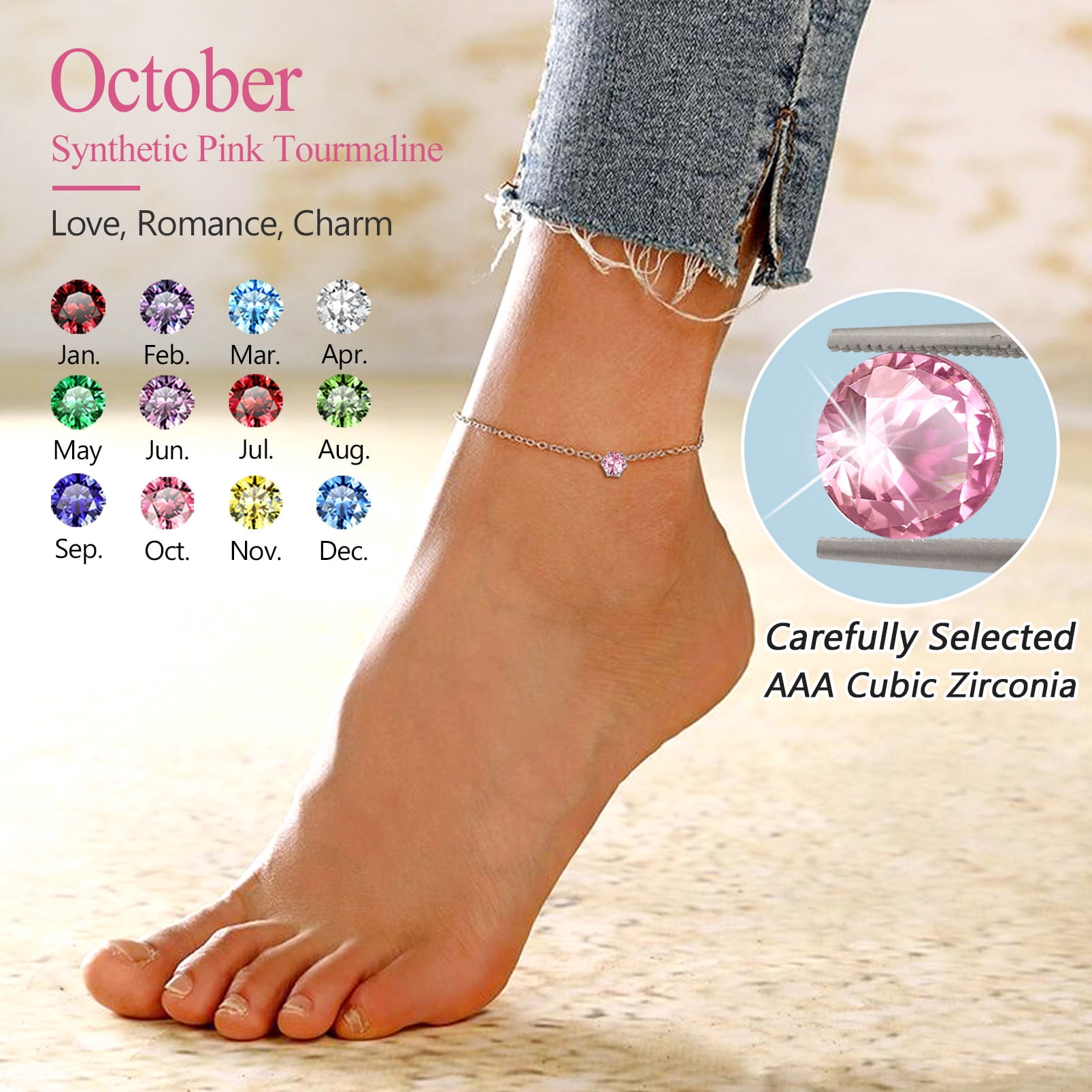 Silvora Shiny Birthstone Anklets 925 Sterling Silver Anklet Bracelets with Round October Tourmaline Birthday Christmas Jewelry Gift
