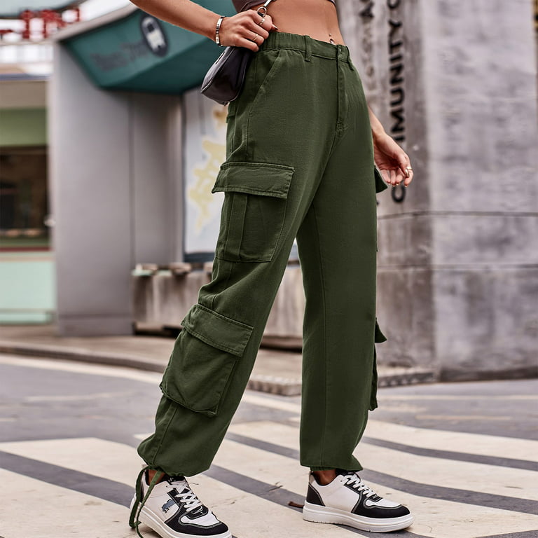 HIMIWAY Cargo Pants Women Palazzo Pants for Women Women's Fashion Casual  Solid Color Drawstring Jeans Overalls Sports Pants Army Green D XL 