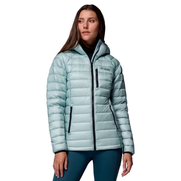 Columbia Womens Arctic Crest Down Hooded Jacket, 700 Fill Power Goose Down, Omni-Heat Arctic, Omni-Shield Repellency, Crushed Blue, Medium, 208607