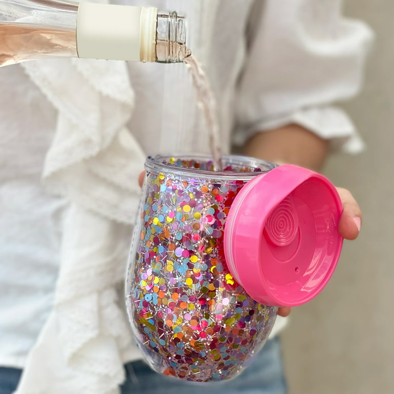 Way to Celebrate 24oz Plastic Tumbler with Straw , Pink Cup with Multi Color Glitter, Everyday, Size: One Size