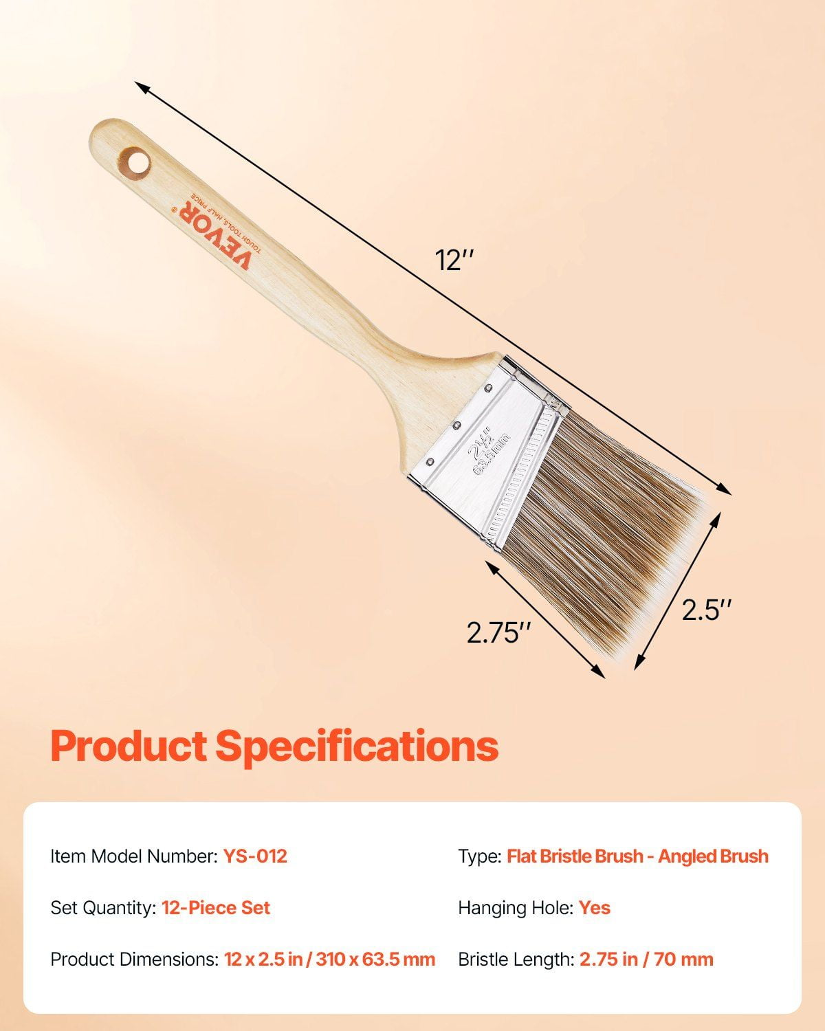 12-Piece Angled Paint Brush Set, Treated Wood Handle, for Latex/Oil Paints & Stains