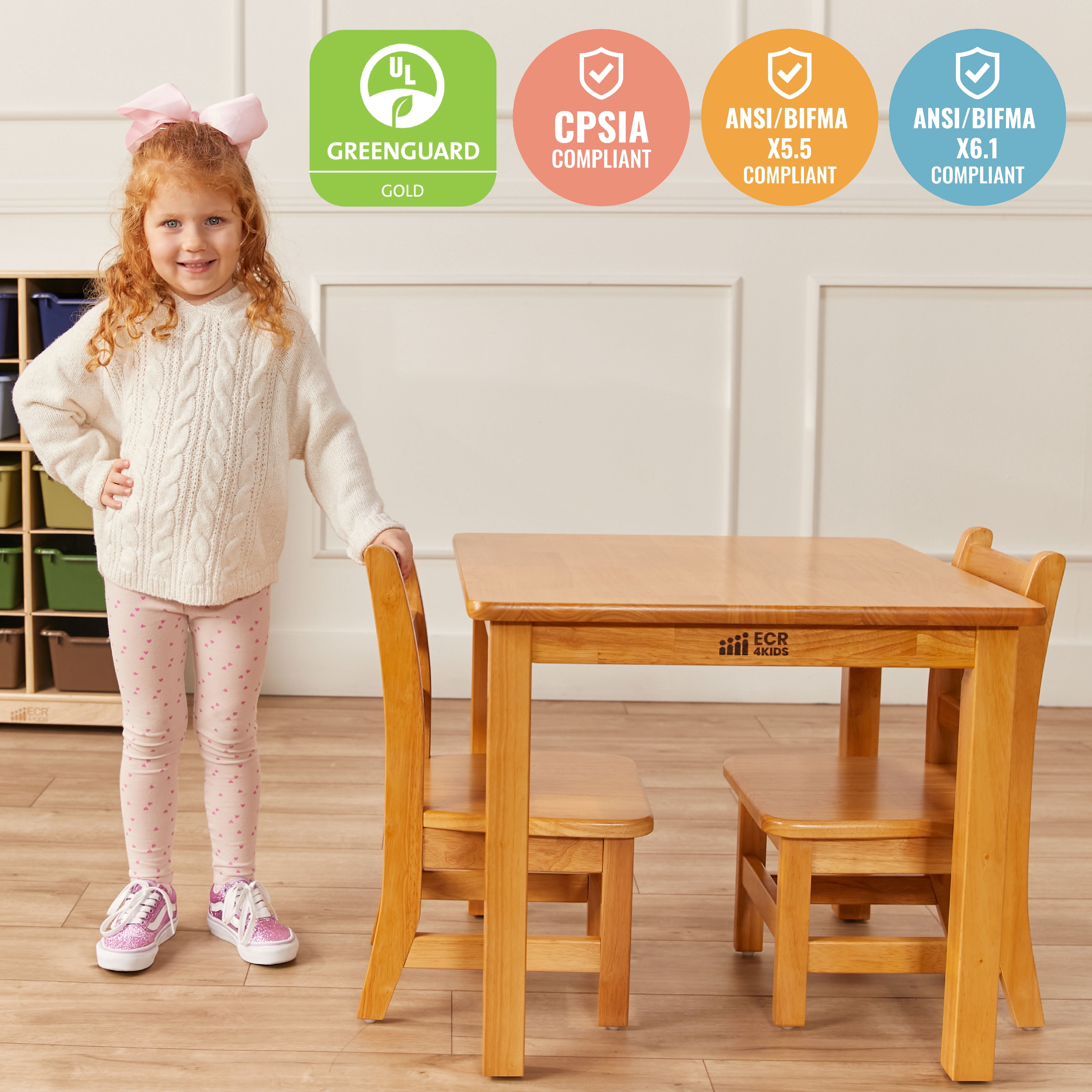 ECR4Kids 24in Square Hardwood Table with 20in Legs and 10in Chairs, Kids Furniture, Honey, 3-Piece