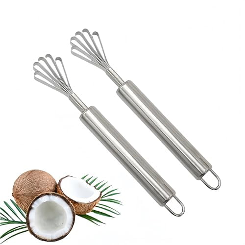 Paquete de 2 raspadores de coco de acero inoxidable, duraderos, para quitar la carne del dragón de coco, versátiles, para quitar la carne del melón, herramienta segura para pelar semillas de frutas.
