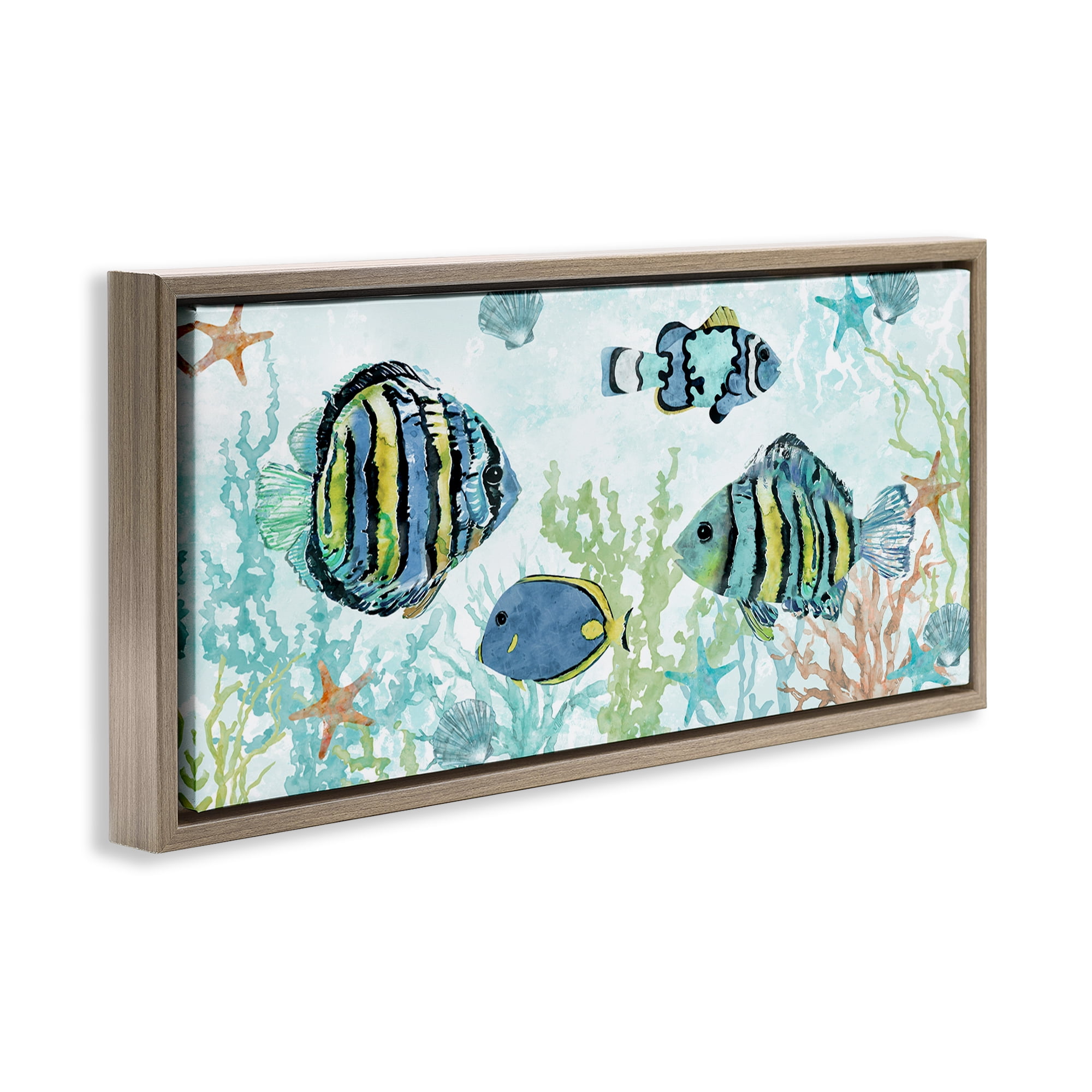 Stupell Industries Various Fish Underwater Animals Painting Brown Floater Framed Canvas Art Print Wall Art, 31 x 14