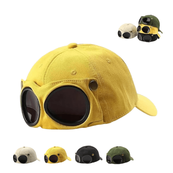 Men's Korean-Style Pilot Baseball Cap, Pilot Hat with Built-in Glasses, Streetwear Adjustable Sun Hat for Spring Summer Outdoor Wear Yellow