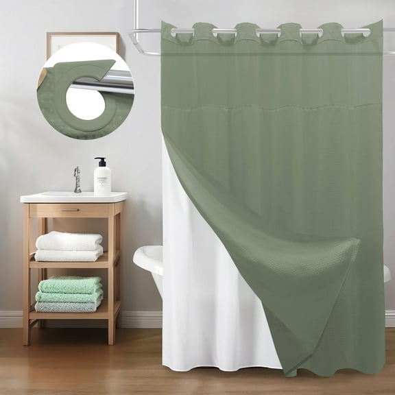 Inhousolu No Hook Snap-In Shower Curtain with Fabric Liner, Waffle Weave 230GSM Water Repellent Weighted Hem & Mesh Top Window, 72x72 inch, Sage Green