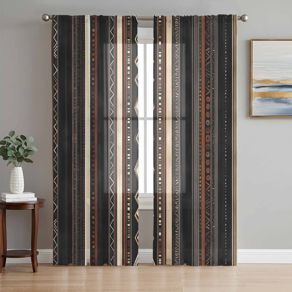 Black Beige Boho Sheer Curtains 84 Inch Length 2 Panels Set, Vintage Abstract Geometric Ethnic Voile Window Treatment Rod Pocket Curtains Sheers Drapes for Bedroom/Living Room/Kitchen 52"x84"x2