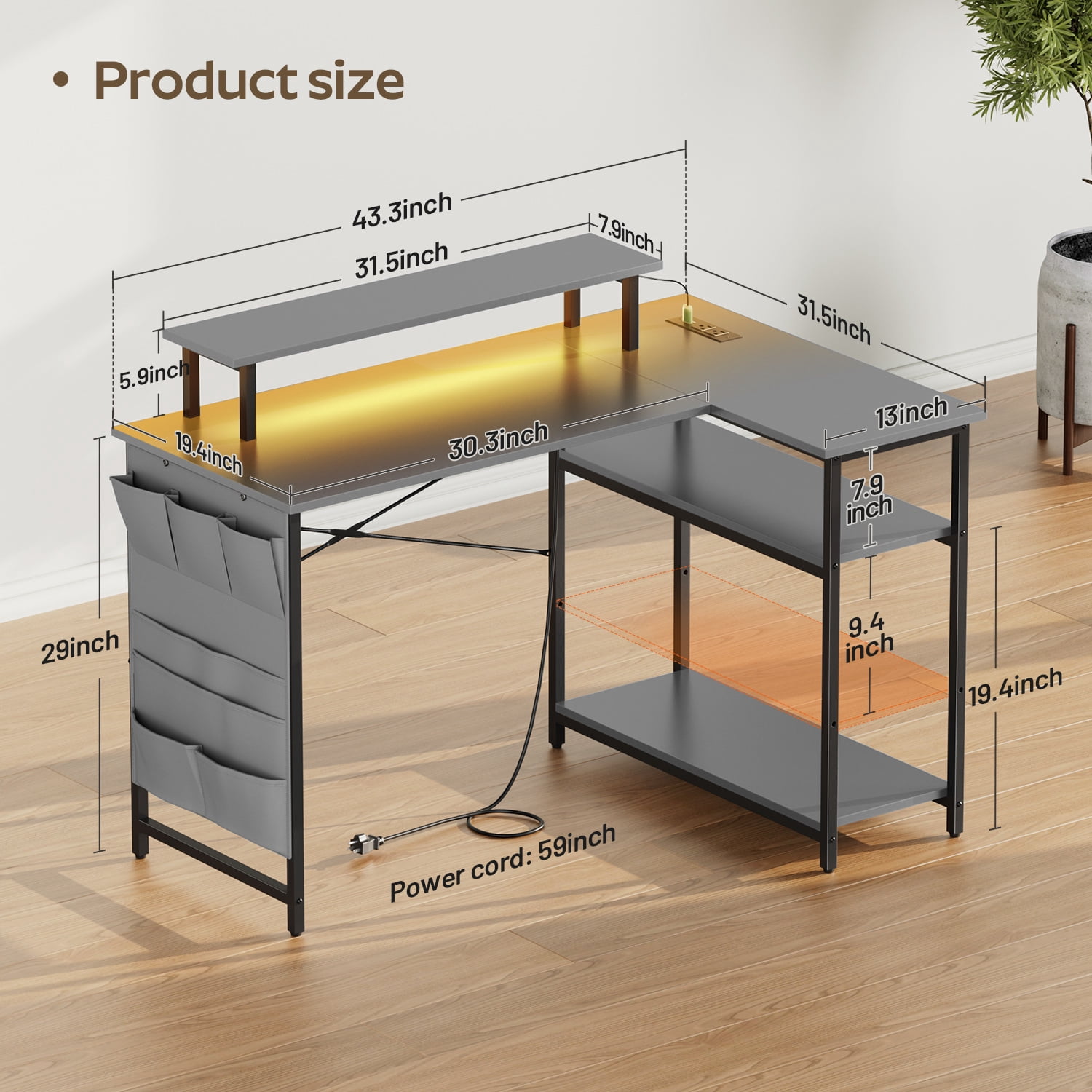 HLDIRECT 43 Inch L Shaped Computer Desk with Power Outlet, Gaming Corner Desk with LED Lights, Home Office Table with Storage Shelves & Monitor Stand, Grey