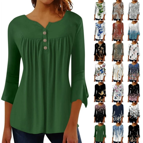 Dyegold 3/4 Length Sleeve Pleated Tops For Women Fall Fashion 2023 Button Up V Neck Dressy Casual Tunic Shirts Loose Blouse