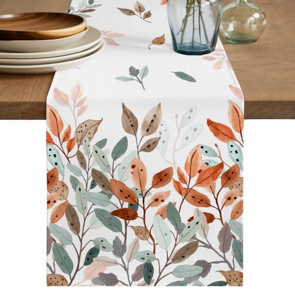 Vintage Leaves Cotton Linen Table Runner for Dining Kitchen, Summer Botanical Pastoral Watercolor Wedding Outdoor Party Tablerunners Decoration, Dresser Scarf Coffee Tablecloth Runners 13x60 Inches