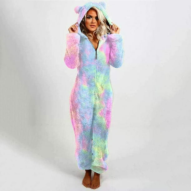 Pisexur Unisex Adult Onesie Pajamas Rainbow Spattering-Dye Comfy Lounge  Romper Cute Ear Hood Zipper Up Long Sleeve Plush Jumpsuit for Women Men 