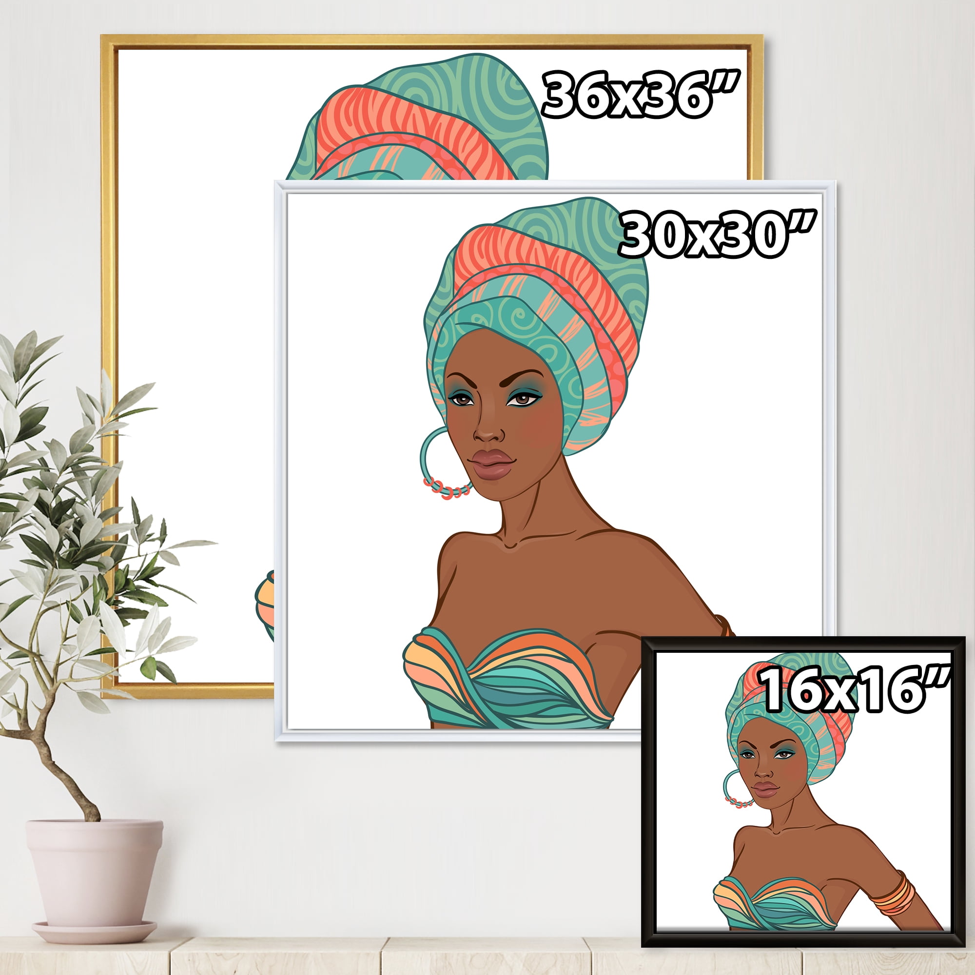 Designart 'African American Woman With Turban and Earring' Modern Framed Canvas Wall Art Print