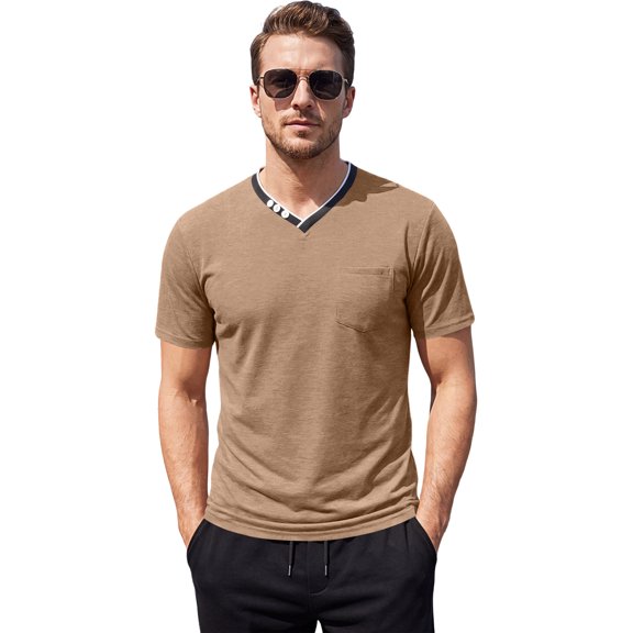 Casual Henley Shirts for Men Short Sleeve Pocket Tee V Neck Top Summer Breathable Lightweight Comfort Fit Out Active Wear Khaki S