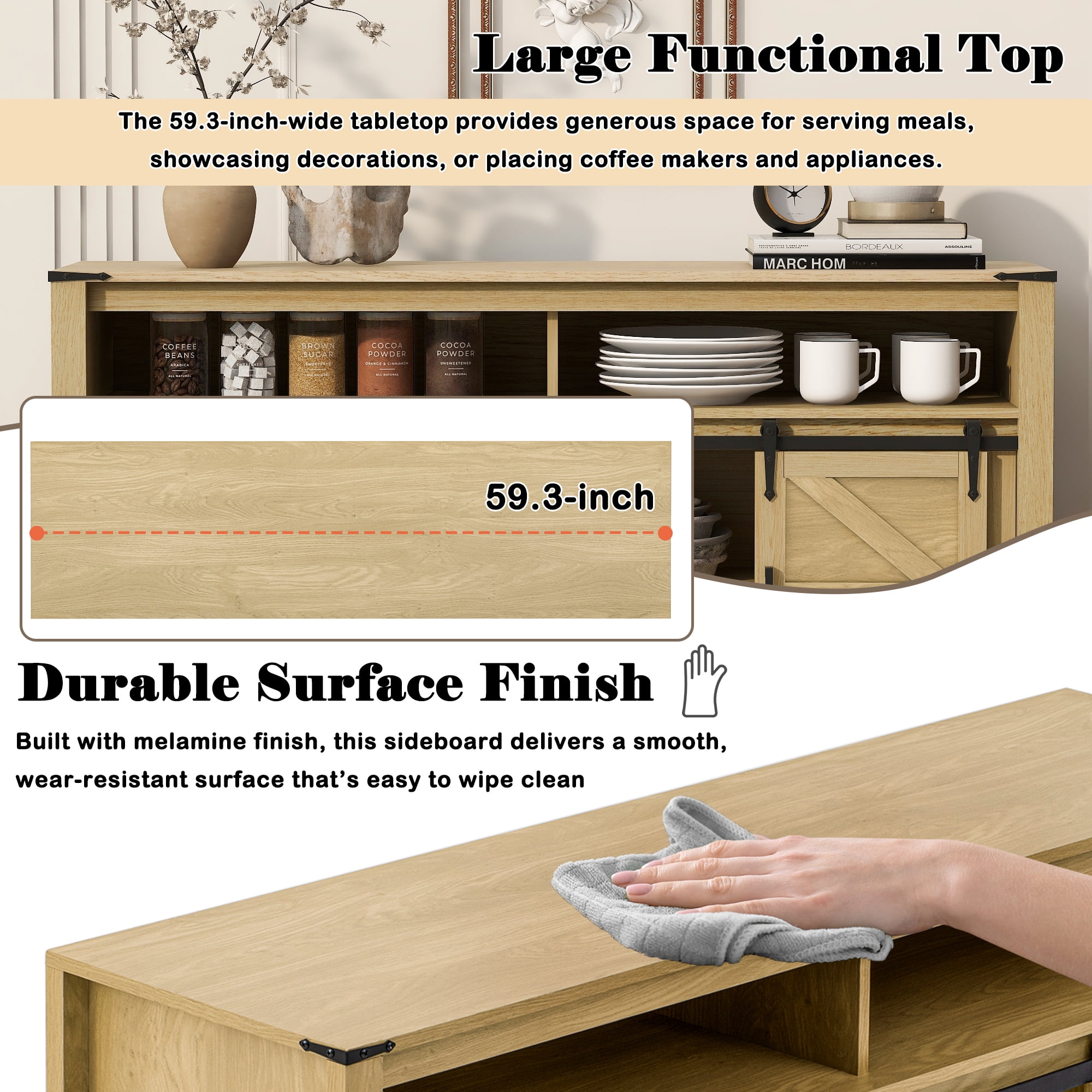 Aukfa 59.3" Sideboard Buffet Cabinet w/Mesh Panel Doors,Large Storage Cabinet for Kitchen Dining Living Room,Natural