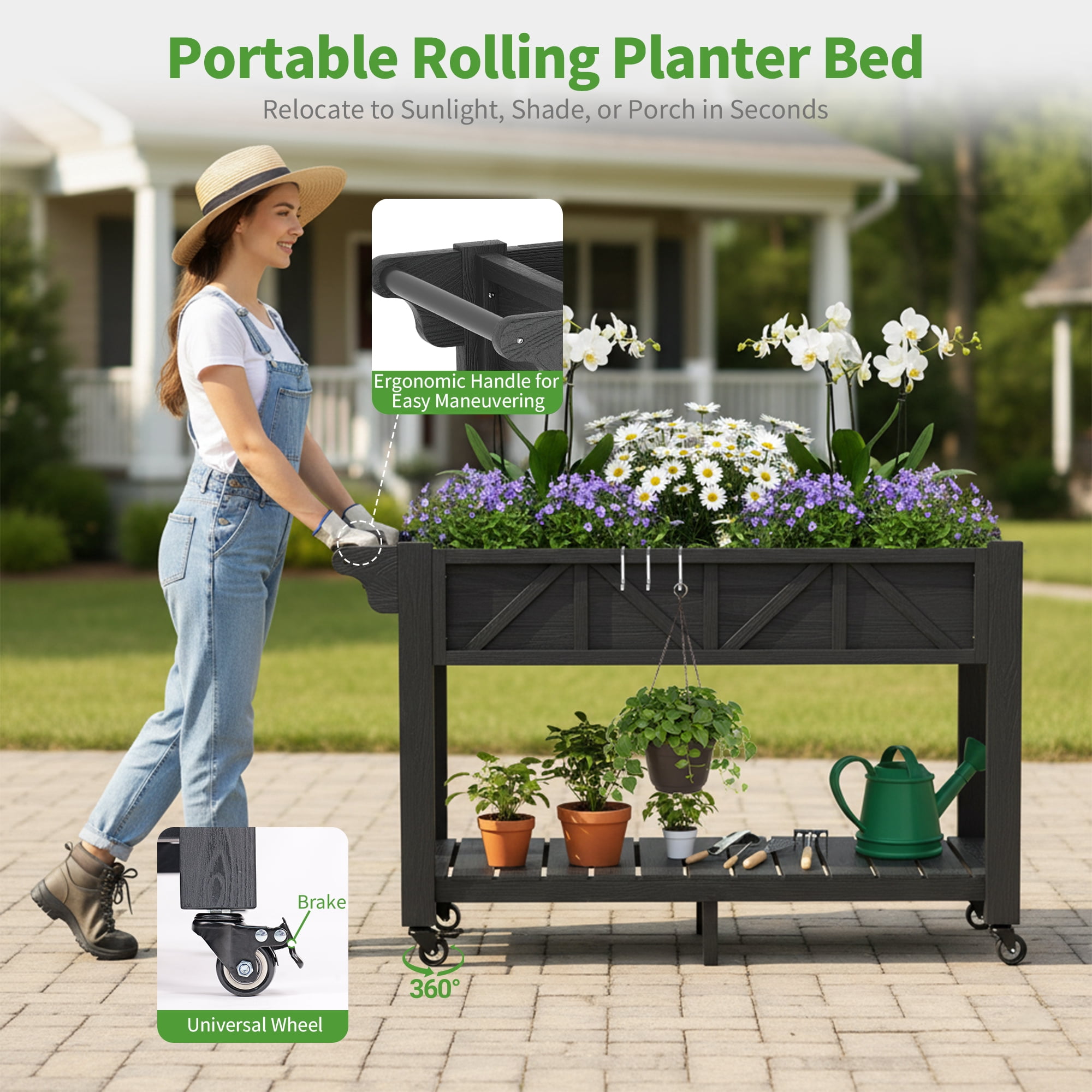 AwayHome 47.2"L x 17.3"W x 27.7"H 2-Tier Black Outdoor Elevated Raised Garden Bed with Wheels&Handle