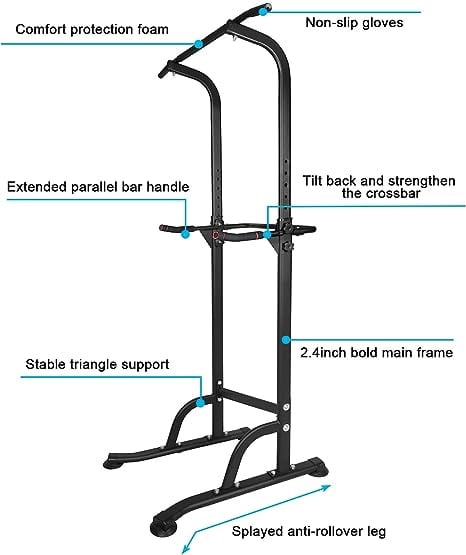 Pull Up Bar Dip Station, Multi-Function Strength Training Equipment with Adjustable Height and Anti-Slip Handle, Workout Station for Home, Gym, Black
