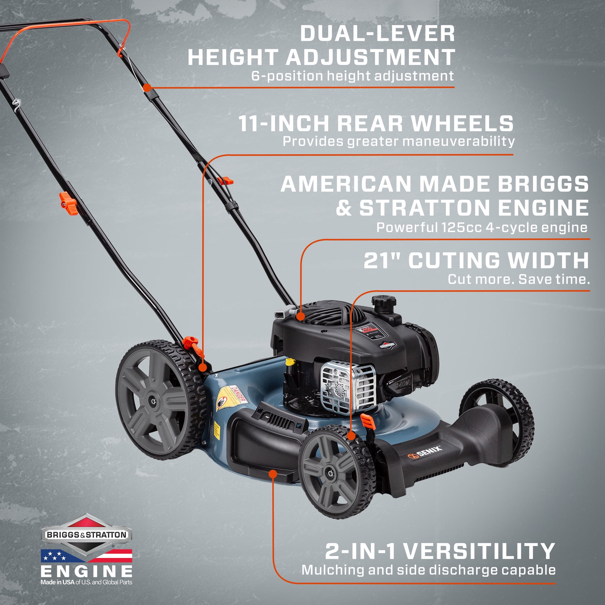 SENIX 21In Gas Lawn Mower, 125cc 4-Cycle Briggs & Stratton Engine, 2-In-1 Push Lawnmower, 6 Height Adjustment with 11In Rear Wheels, LSPG-M4