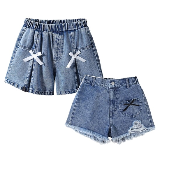 FhsagQ 2 Pack Girls Short Jeans with Bow Side Tie Casual Wide Leg Denim Shorts Summer Elastic Waist Comfortable Play Size 8-9 Years