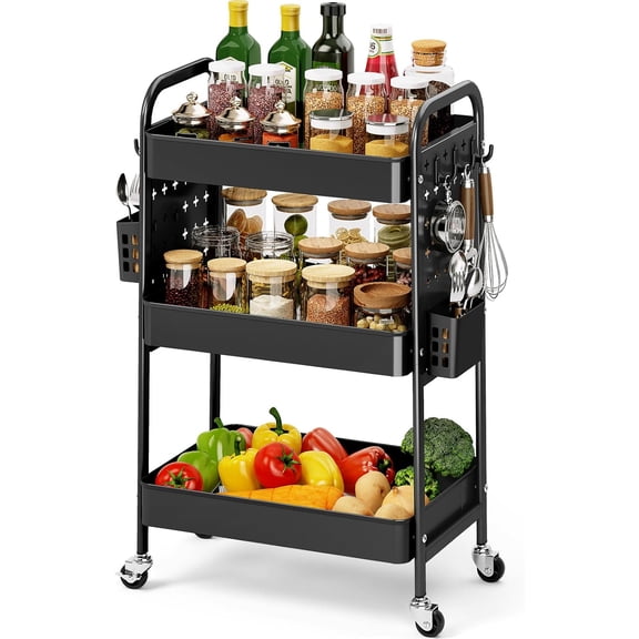 3 Tier Rolling Storage Cart with DIY Pegboard, Metal Utility Cart with Wheels, Hooks & Baskets, Sturdy Storage Organizer for Craft, Bathroom, Kitchen, Office, Nursery, Classroom