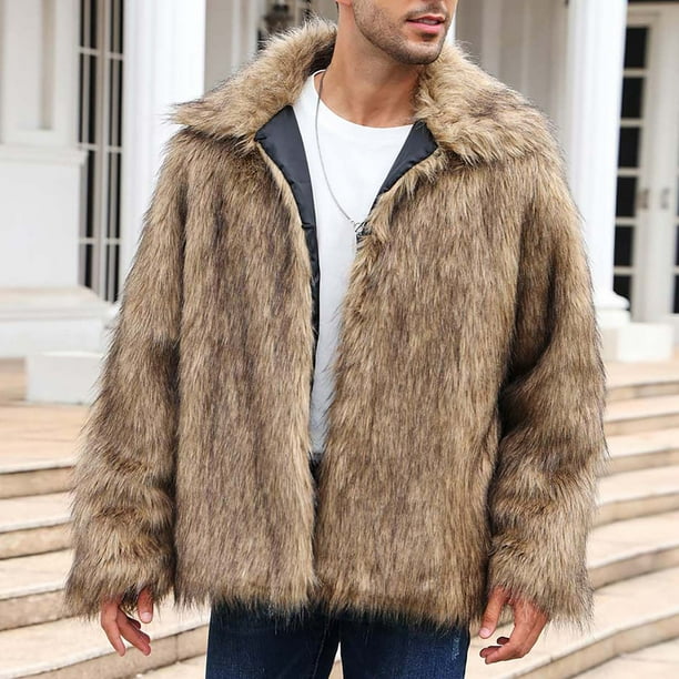RKSTN Jackets for Men Warm Faux Furry Long Coat Jacket Winter