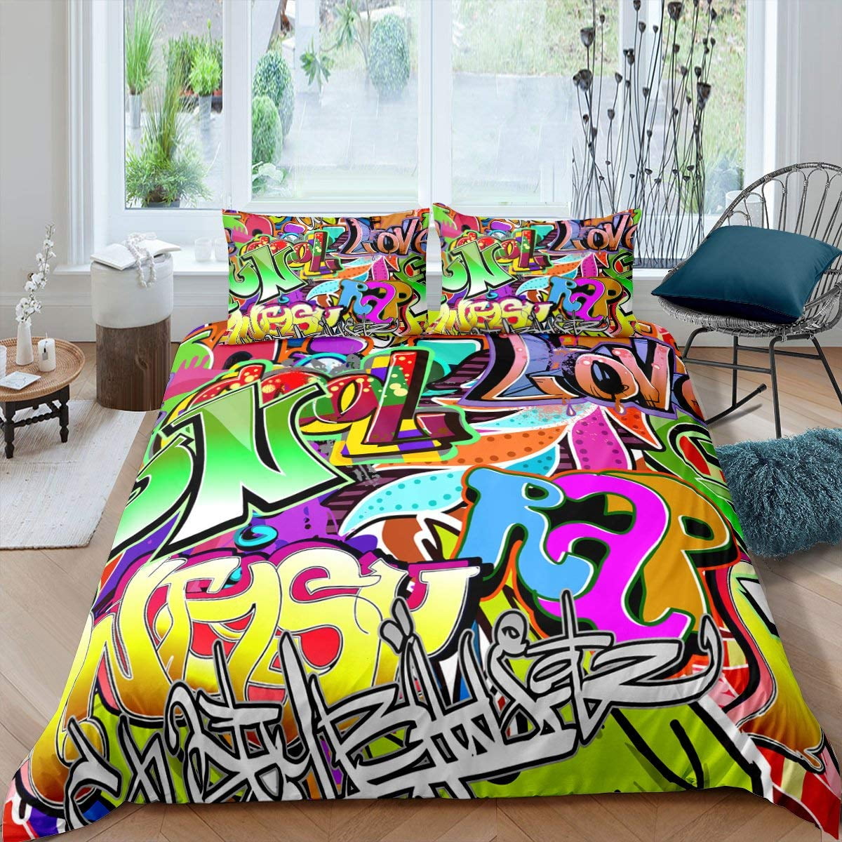 Hippie Graffiti Duvet Cover Hip Hop for Kids Teens Adults Wall Urban