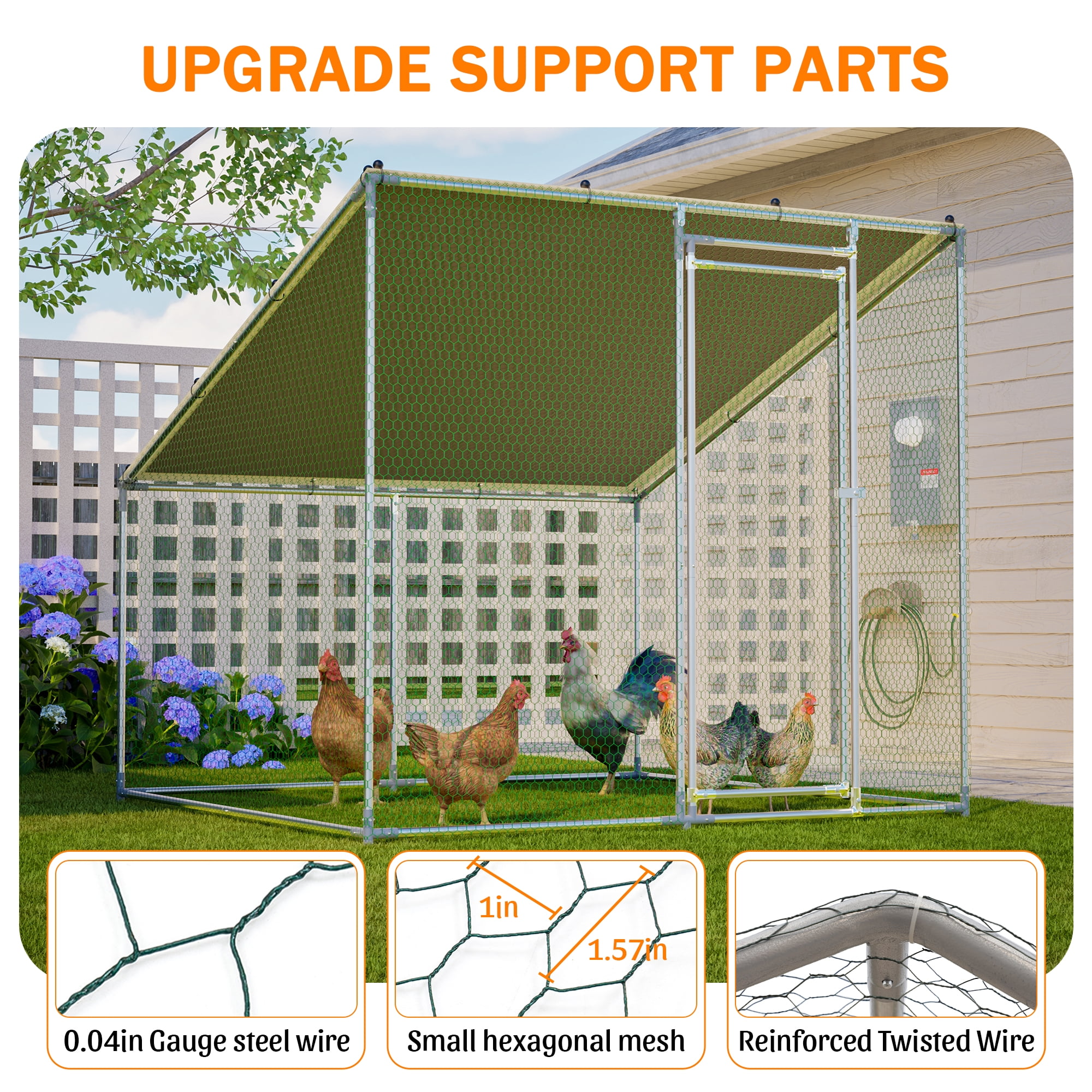 Walk-In Metal Chicken Coop,Slanted Roof,Heavy-Duty All-Weather Poultry Cage with Waterproof & Anti-UV Cover, Stable Outdoor Run for Yard with Spring Button Connectors & Reinforced Mesh