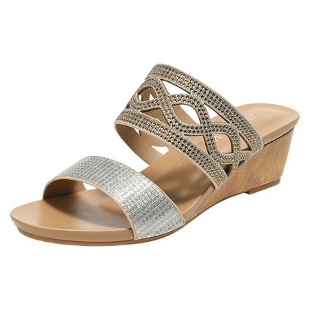 OJSFQUFP Women Shoes Casual Women Shoes with Rhinestones Fashionable Wedge Heels and Comfortable Women Sandals Slippers for Woman Gold 37