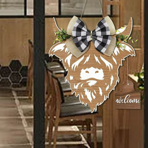 Vadktai Cow Head Door Wreath Sign, Welcome Front Door Hanger, Farmhouse Spring Calf Front Porch Decor, Cow Gifts Buffalo Plaid Bow Artificial Leaves Welcome Home Decorations for Restaurant Wall