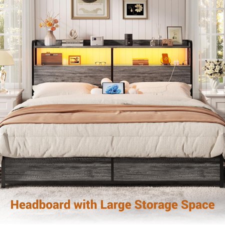 Homieasy Headboard for King Size Bed Frame, Headboards with Outlets, USB Ports and LED Light, Head Board with Storage, Height Adjustable, Sturdy and Stable Headboard,Black